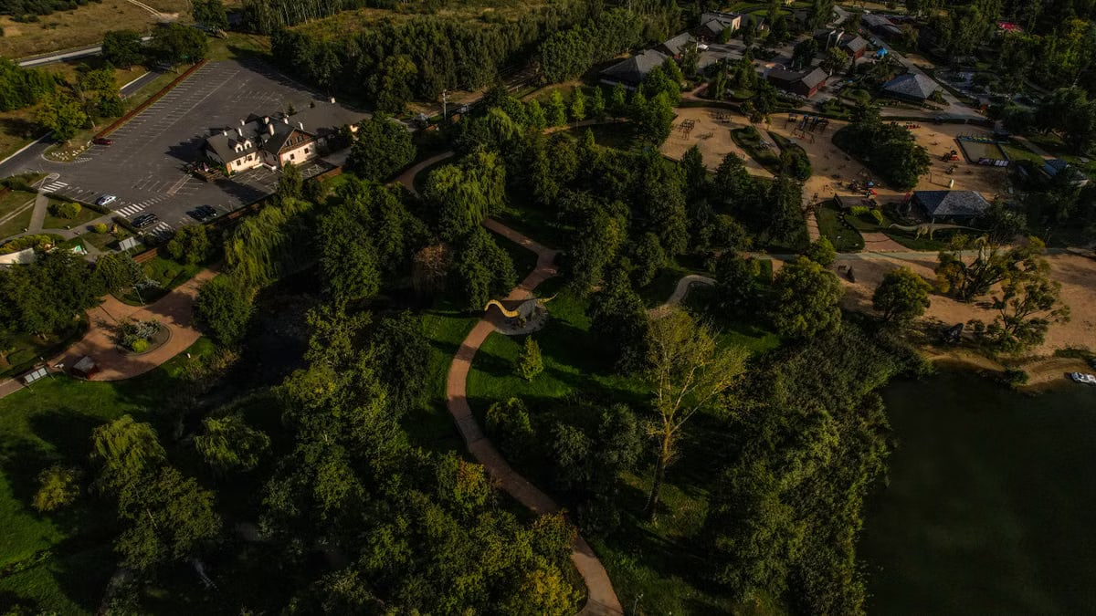 A stunning aerial shot of a scenic park featuring lush greenery, paved pathways, and surrounding buildings.